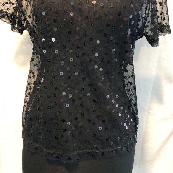 Cache Black Sheer Peek A Boo Mesh Sequin Encrusted Top Stretch Event Date - Picture 4 of 11